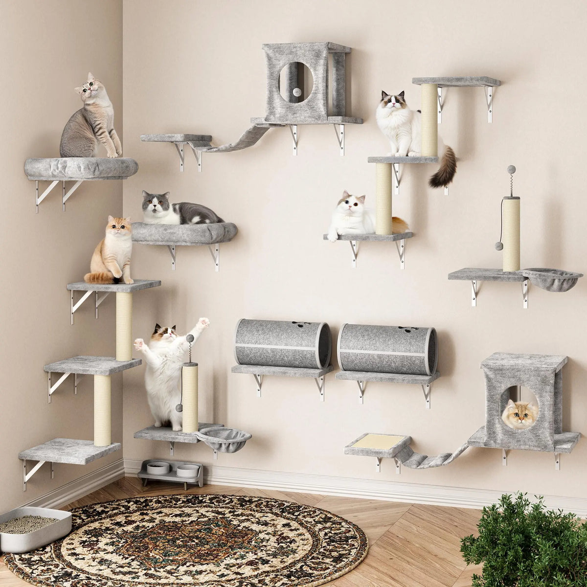 6-Piece Wall-Mounted Cat Climbing Set (Includes Cat Bed, Scratching Post, Cat Bridge, and Toys)