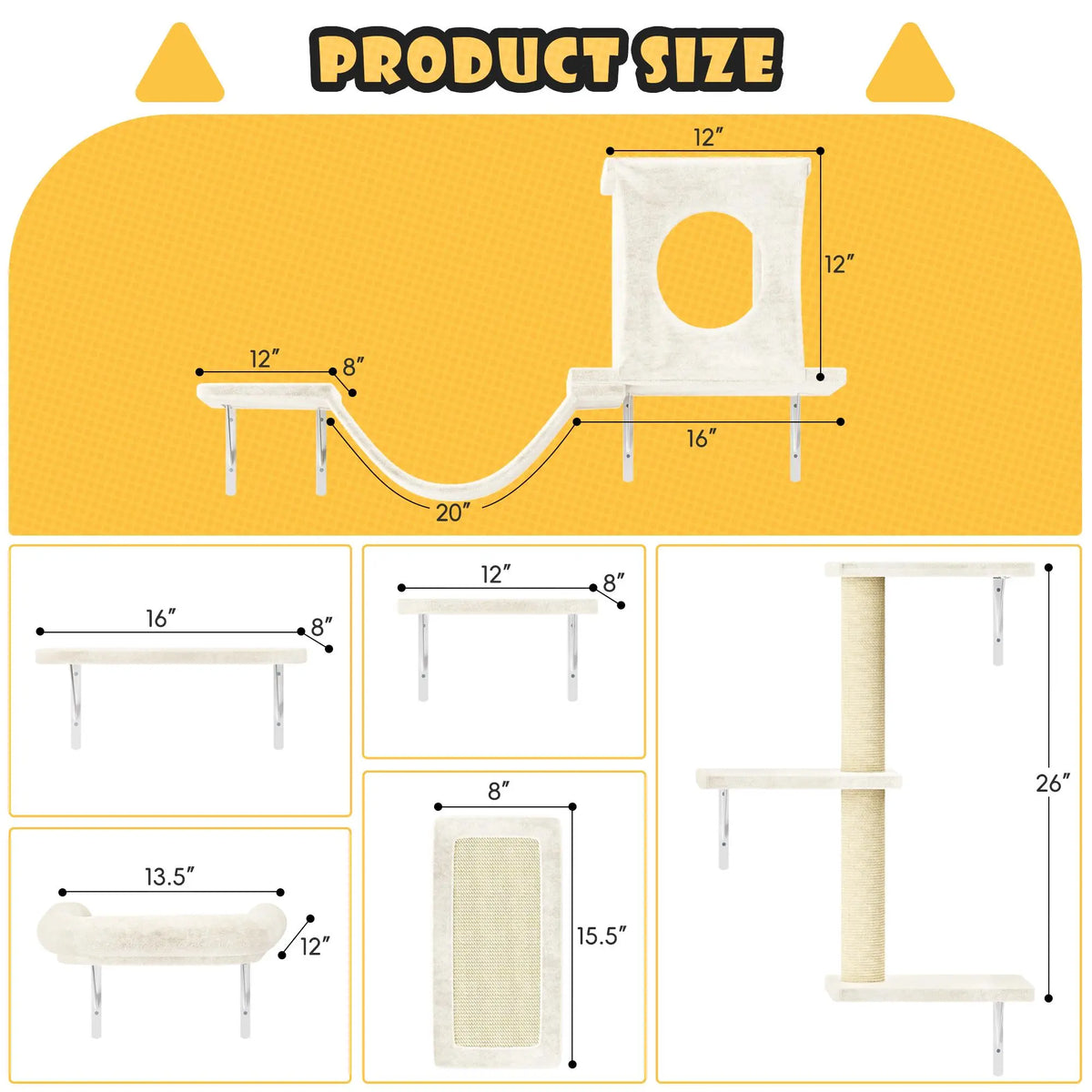 6-Piece Wall-Mounted Cat Climbing Set (Includes Cat Bed, Scratching Post, Cat Bridge, and Toys)
