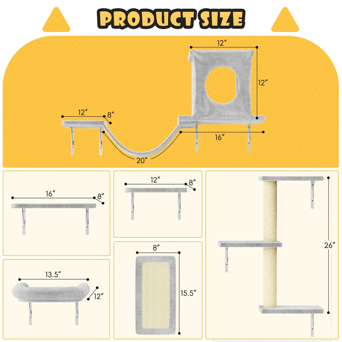 6-Piece Wall-Mounted Cat Climbing Set (Includes Cat Bed, Scratching Post, Cat Bridge, and Toys)