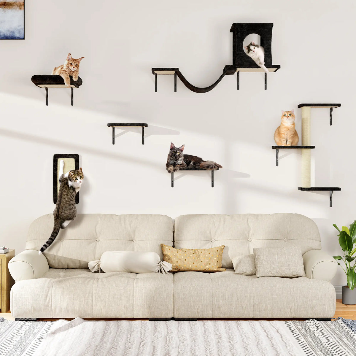 6-Piece Wall-Mounted Cat Climbing Set (Includes Cat Bed, Scratching Post, Cat Bridge, and Toys)