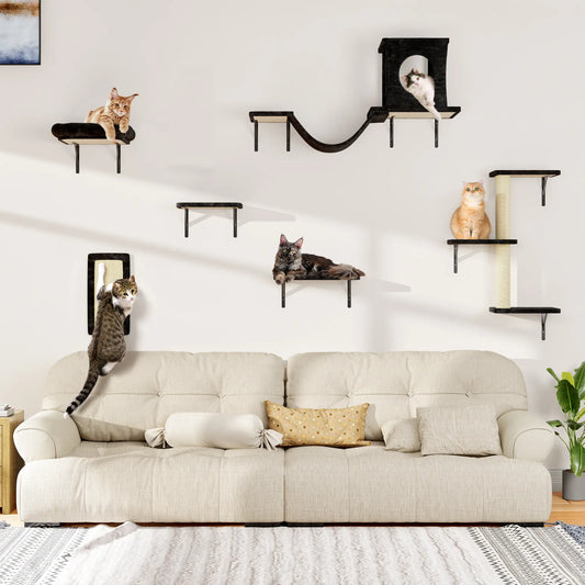 6-Piece Wall-Mounted Cat Climbing Set (Includes Cat Bed, Scratching Post, Cat Bridge, and Toys)