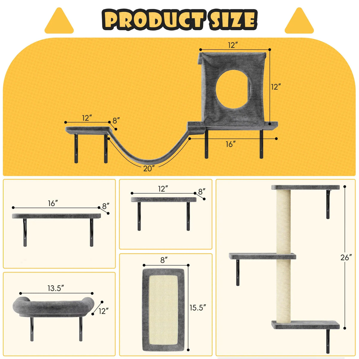 6-Piece Wall-Mounted Cat Climbing Set (Includes Cat Bed, Scratching Post, Cat Bridge, and Toys)