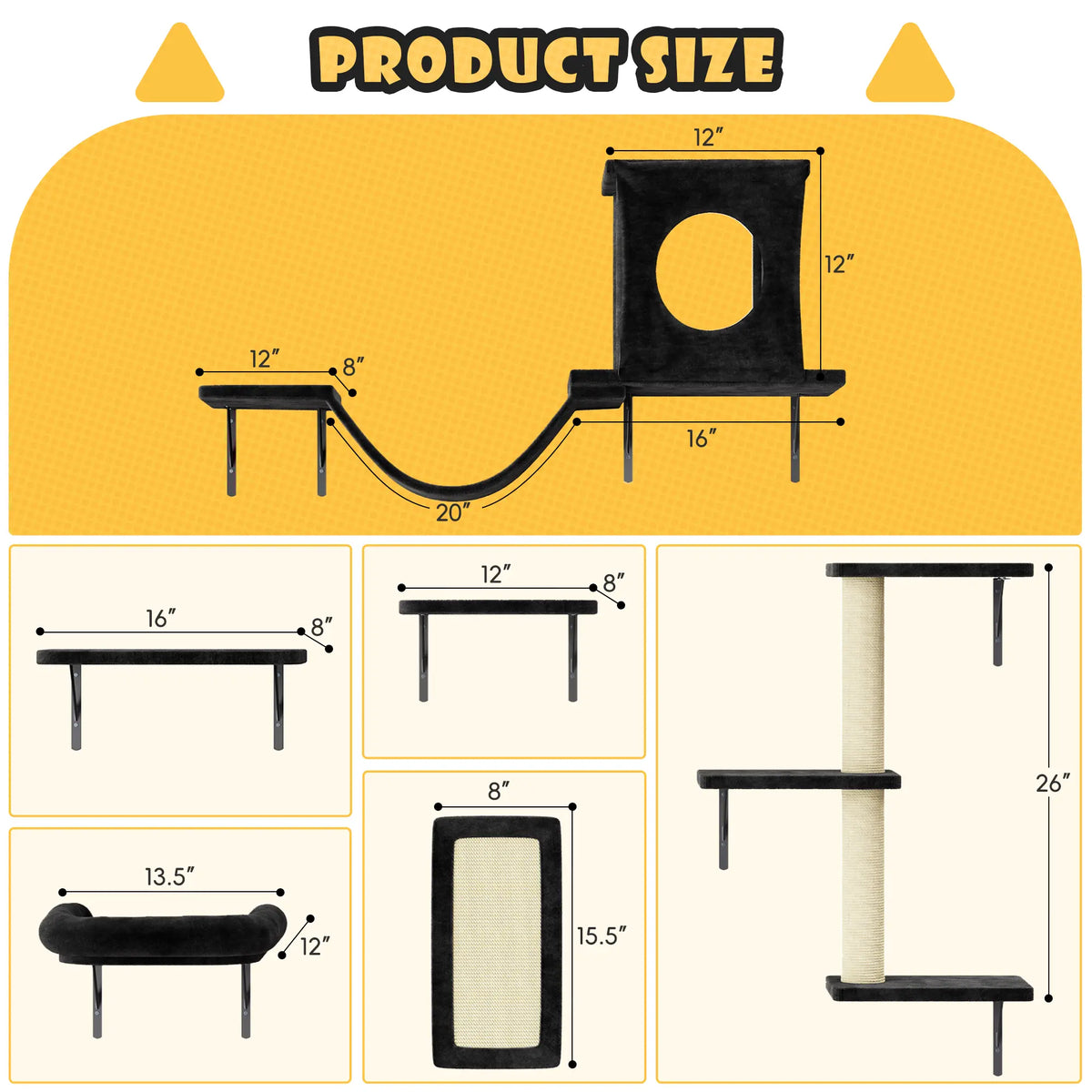 6-Piece Wall-Mounted Cat Climbing Set (Includes Cat Bed, Scratching Post, Cat Bridge, and Toys)