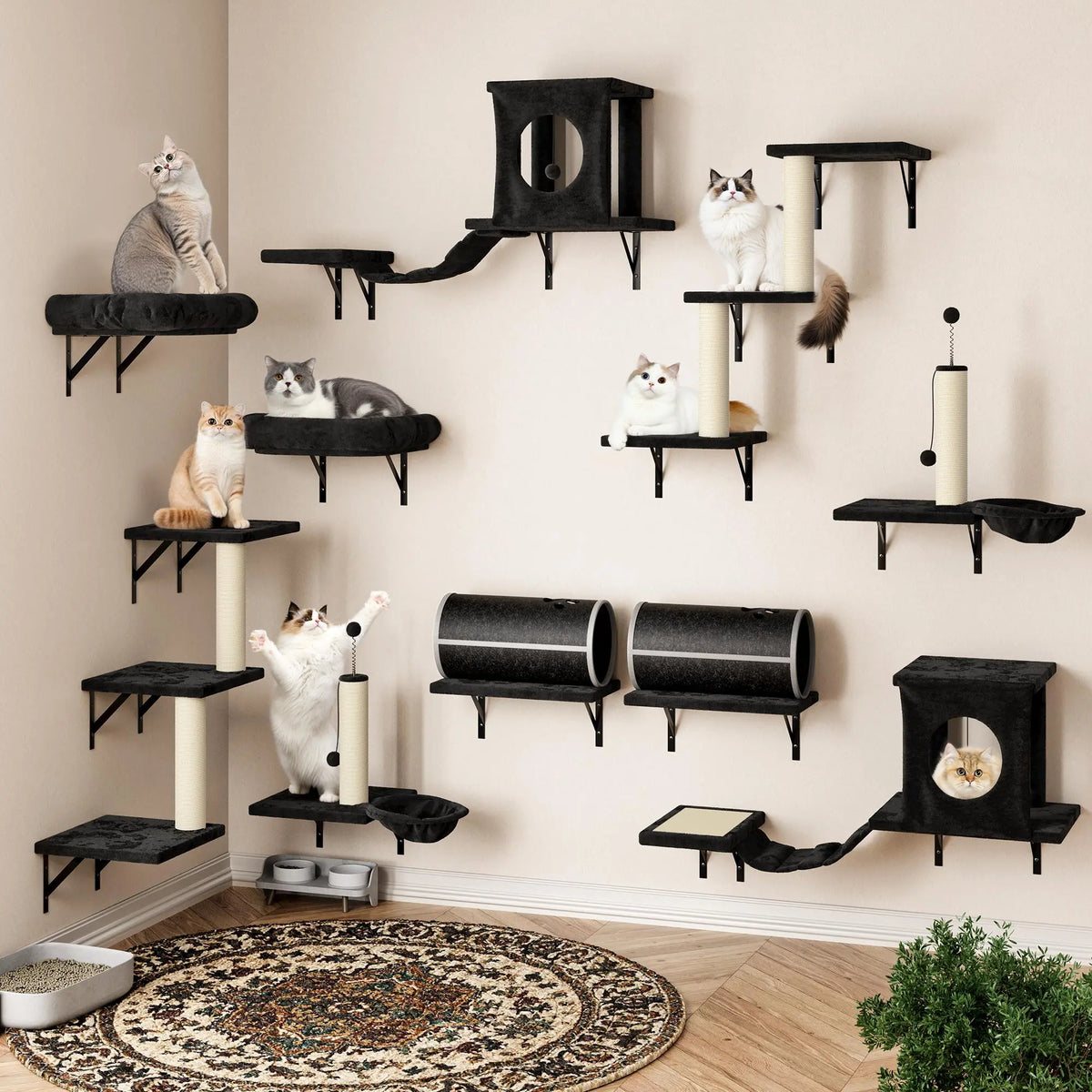 6-Piece Wall-Mounted Cat Climbing Set (Includes Cat Bed, Scratching Post, Cat Bridge, and Toys)